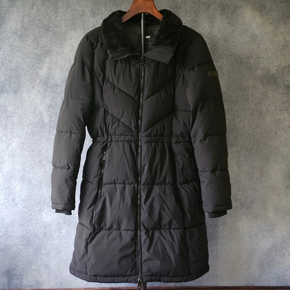 DKNY Women's Black Chevron Quilted Long Puffer Coat Jacket Fur Trim Collar Small